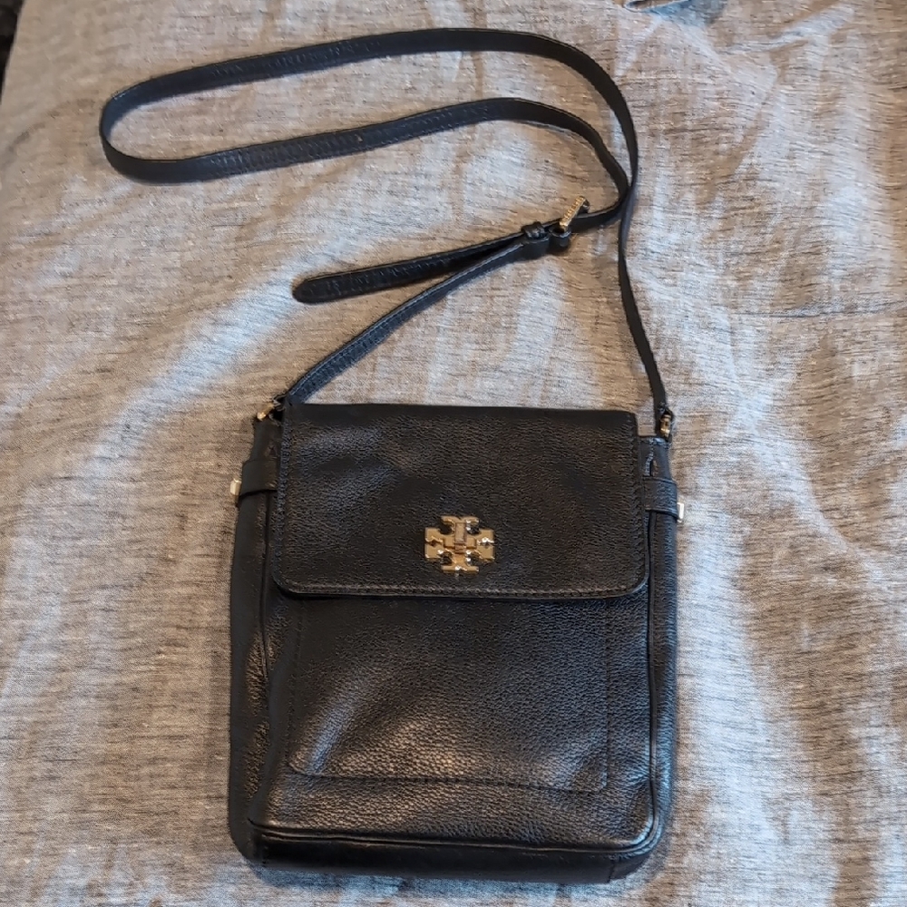 Tory Burch Black Leather Crossbody Messenger Bag with Logo EUC